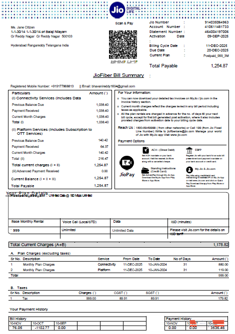 India Jio Digital Life utility bill template in Word and PDF formats, version 4